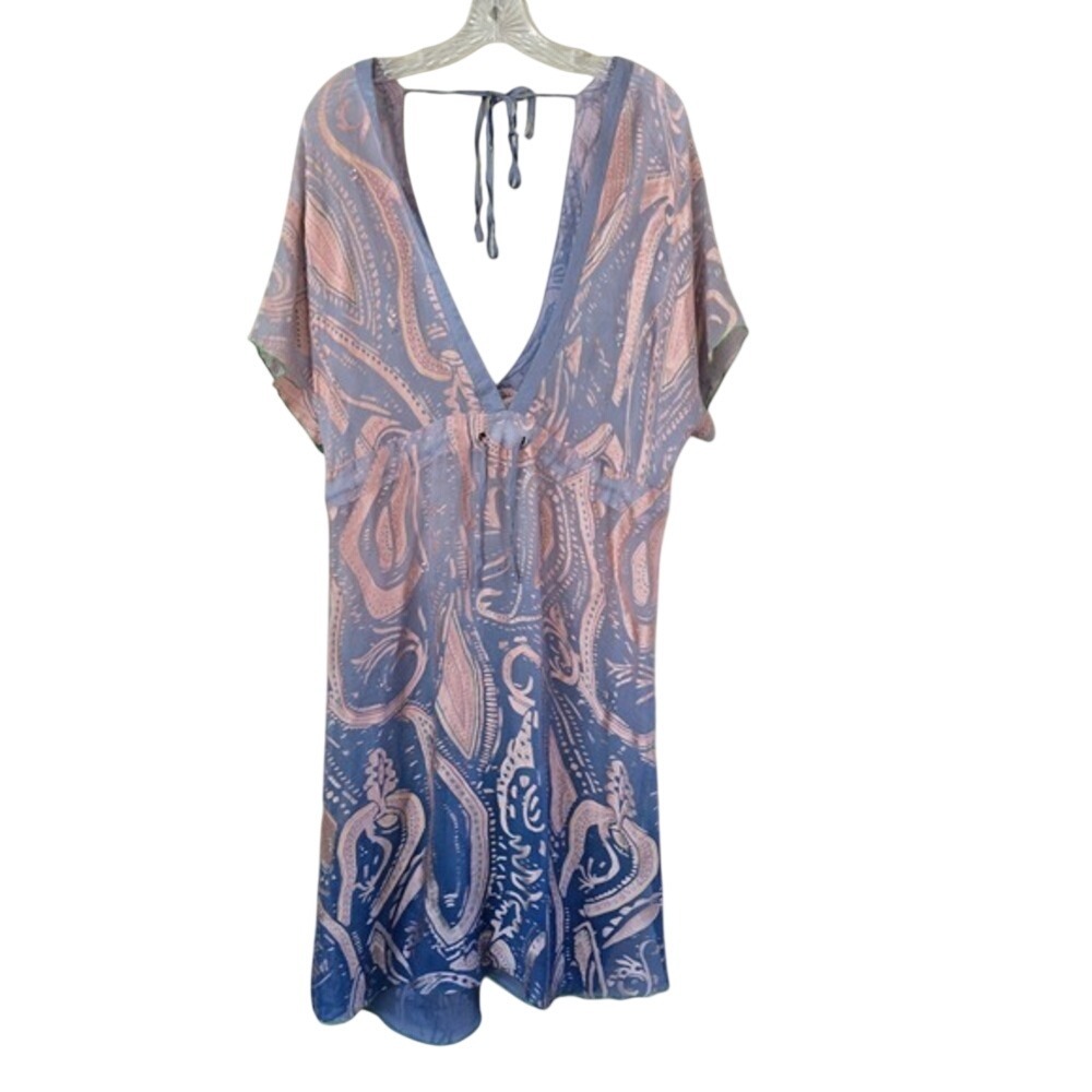 Rangoon Blue Peach Abstract Print Sequin Silk Chiffon Tunic Cover Up Dress